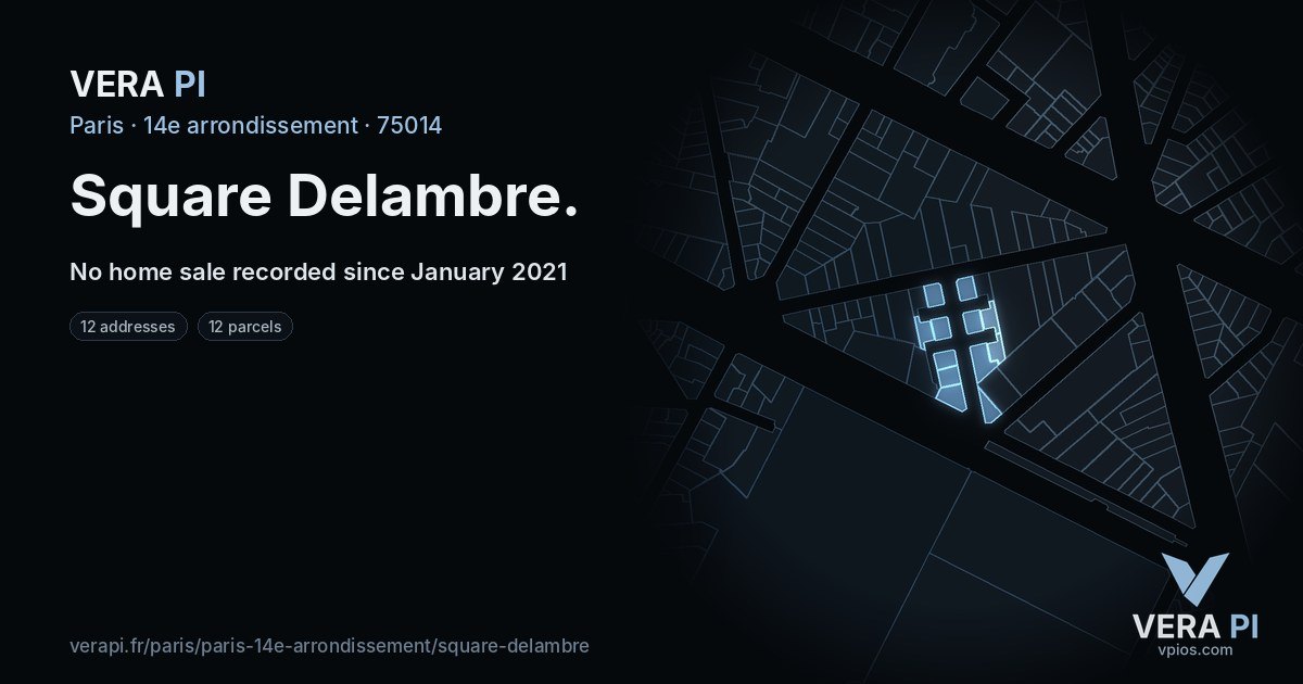 Square Delambre, 14e arrondissement at night – every parcel coloured by the prices around it, the street's own parcels lit