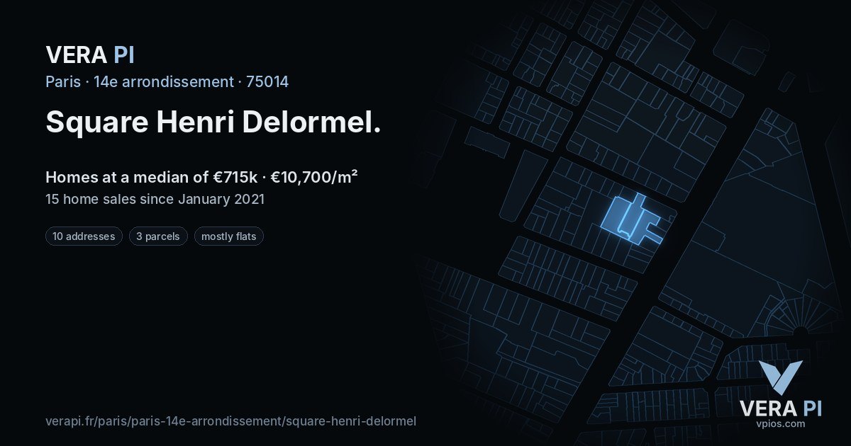 Square Henri Delormel, 14e arrondissement at night – every parcel coloured by the prices around it, the street's own parcels lit