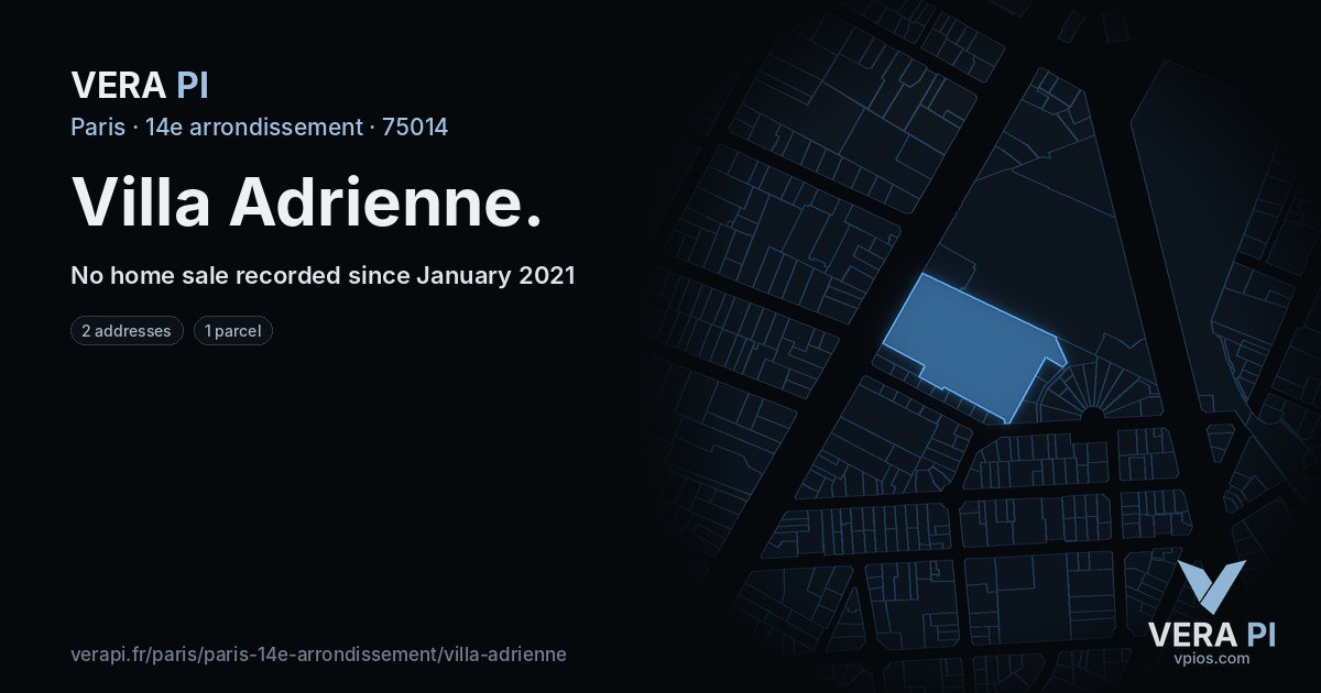 Villa Adrienne, 14e arrondissement at night – every parcel coloured by the prices around it, the street's own parcels lit
