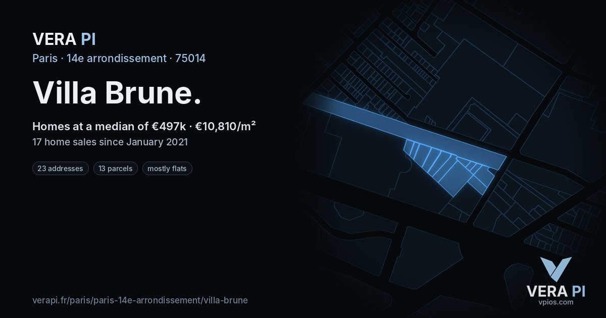 Villa Brune, 14e arrondissement at night – every parcel coloured by the prices around it, the street's own parcels lit
