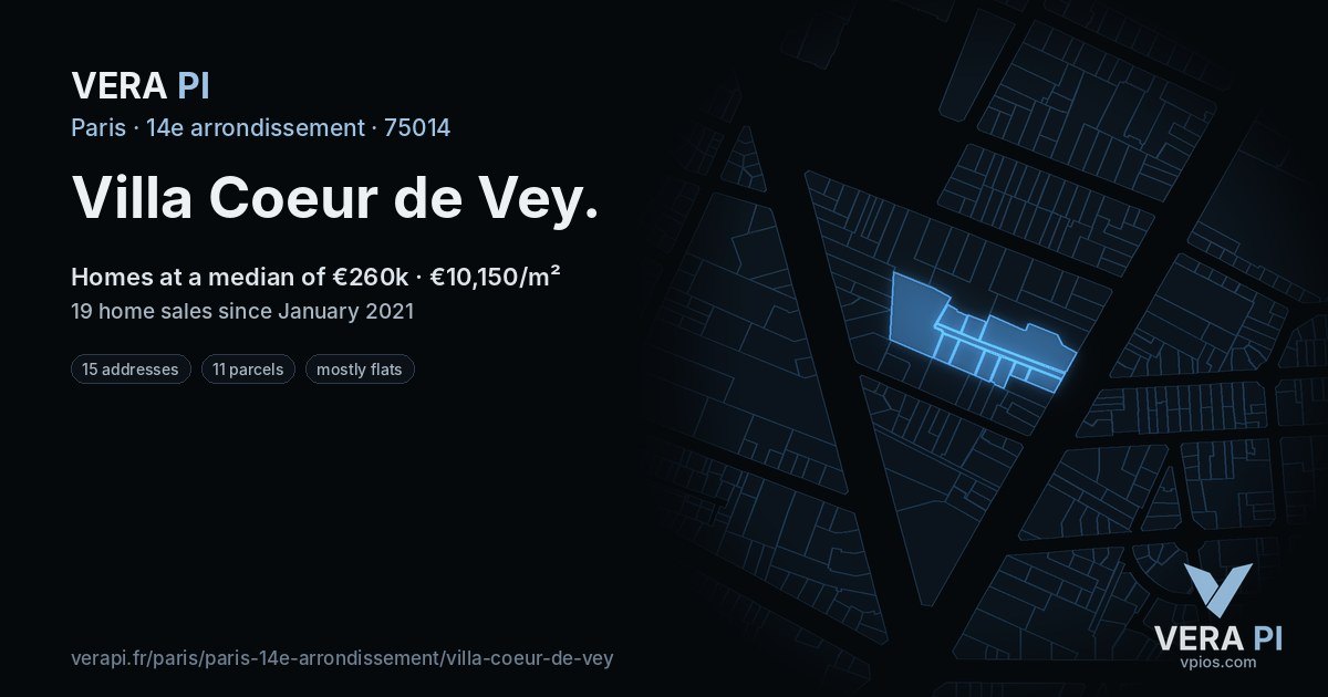 Villa Coeur de Vey, 14e arrondissement at night – every parcel coloured by the prices around it, the street's own parcels lit
