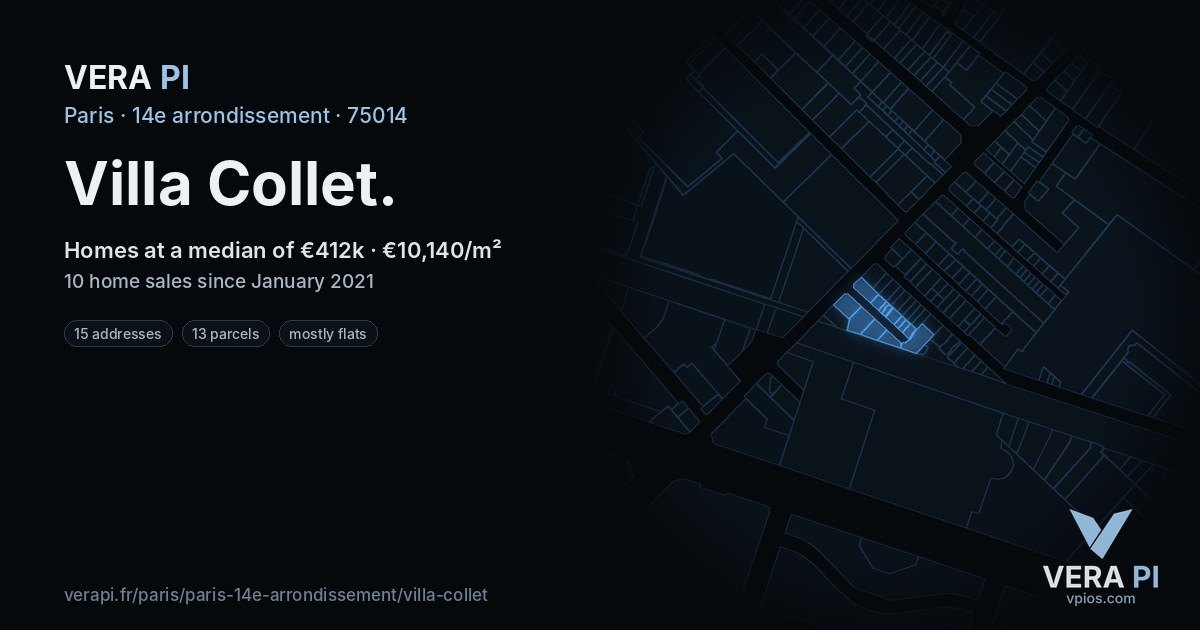 Villa Collet, 14e arrondissement at night – every parcel coloured by the prices around it, the street's own parcels lit