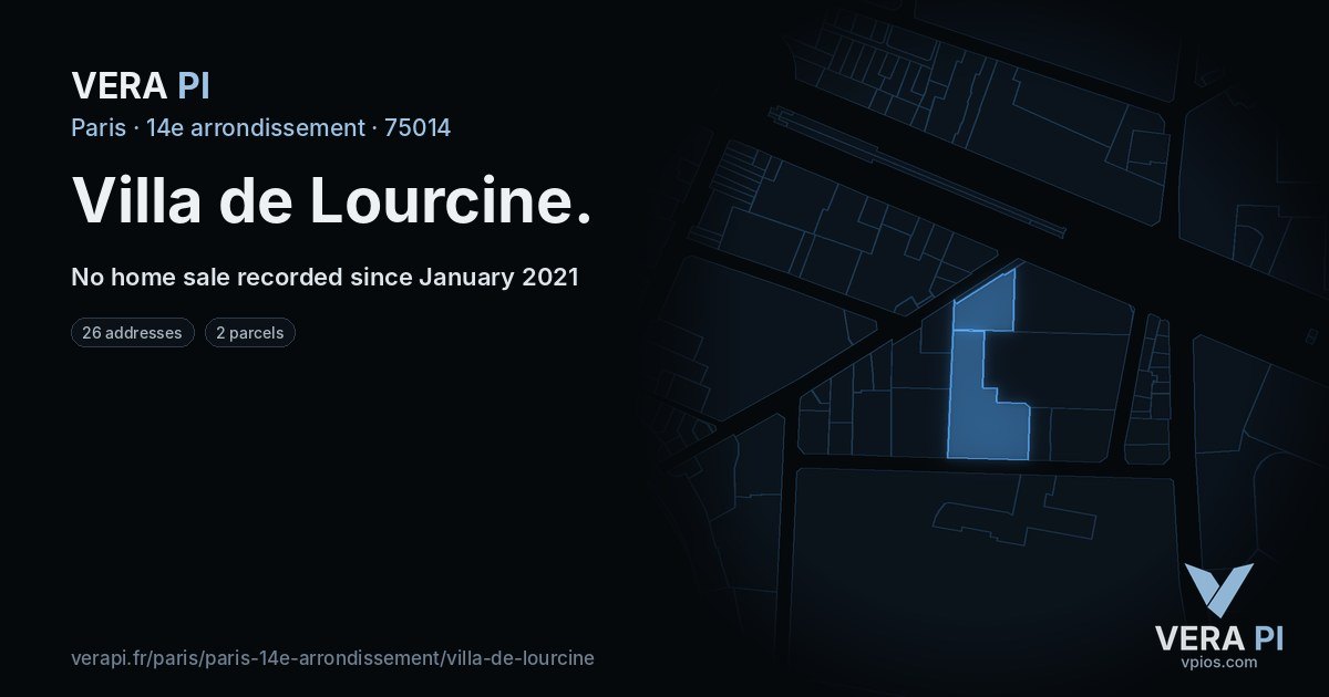 Villa de Lourcine, 14e arrondissement at night – every parcel coloured by the prices around it, the street's own parcels lit