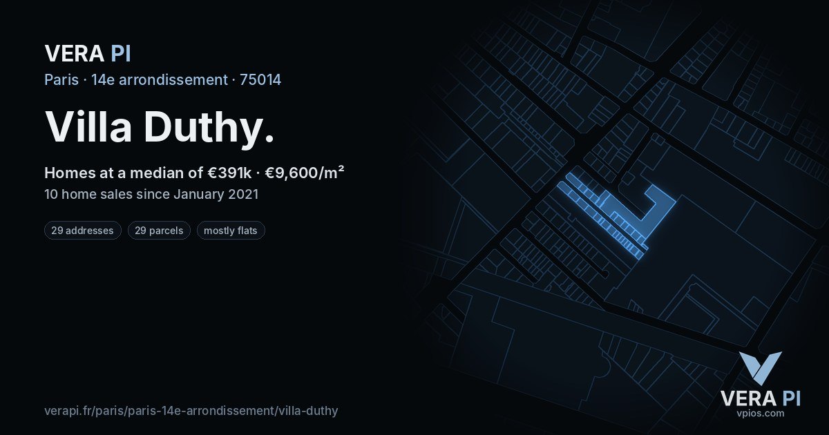 Villa Duthy, 14e arrondissement at night – every parcel coloured by the prices around it, the street's own parcels lit