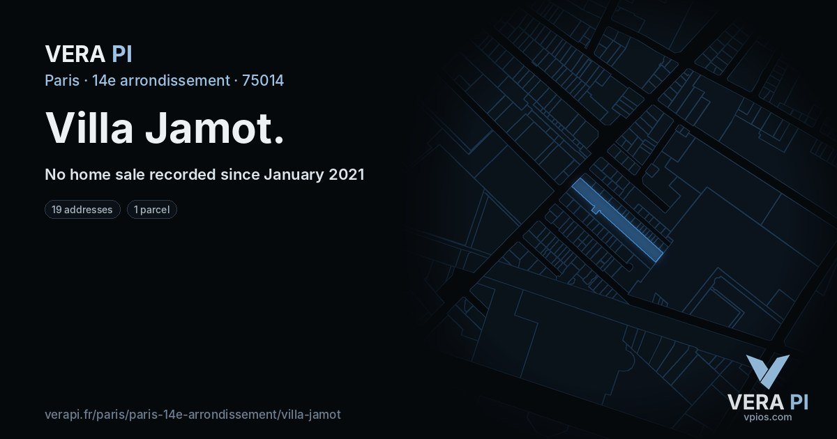 Villa Jamot, 14e arrondissement at night – every parcel coloured by the prices around it, the street's own parcels lit