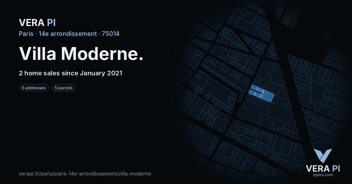 Villa Moderne, 14e arrondissement at night – every parcel coloured by the prices around it, the street's own parcels lit