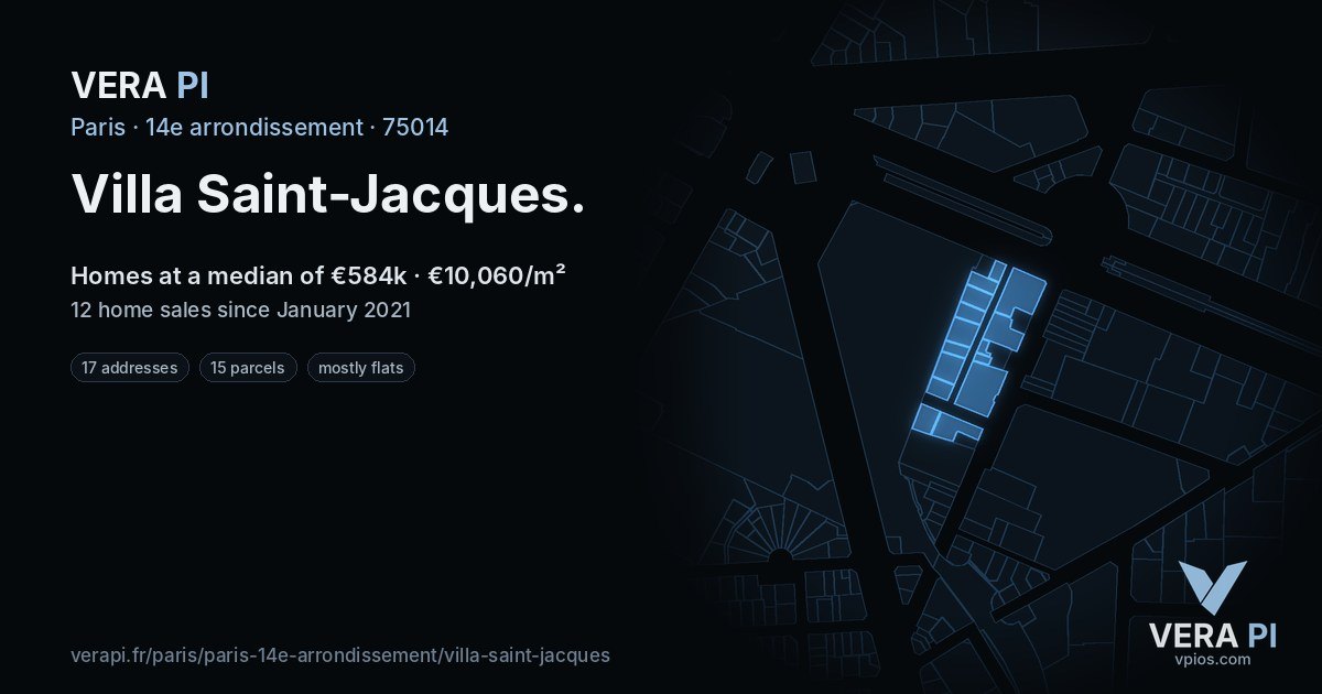 Villa Saint-Jacques, 14e arrondissement at night – every parcel coloured by the prices around it, the street's own parcels lit