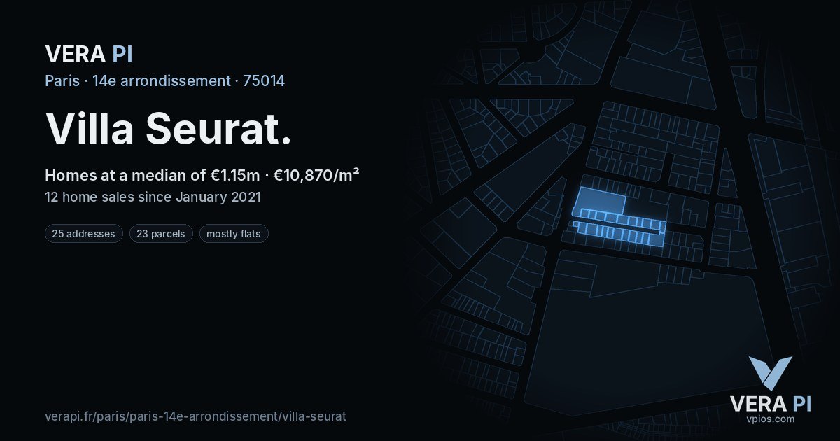 Villa Seurat, 14e arrondissement at night – every parcel coloured by the prices around it, the street's own parcels lit