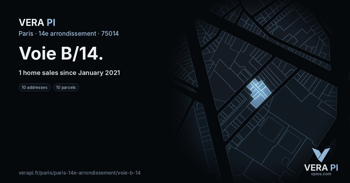 Voie B/14, 14e arrondissement at night – every parcel coloured by the prices around it, the street's own parcels lit