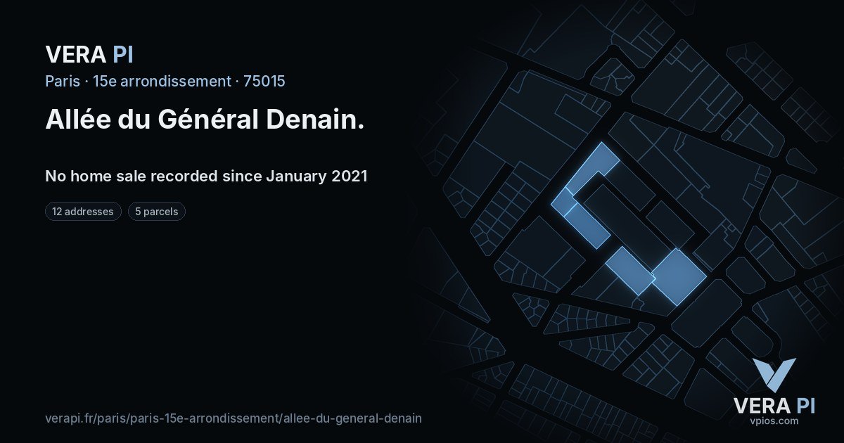 Allée du Général Denain, 15e arrondissement at night – every parcel coloured by the prices around it, the street's own parcels lit