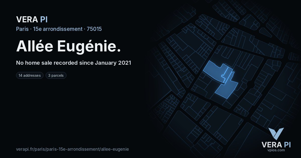 Allée Eugénie, 15e arrondissement at night – every parcel coloured by the prices around it, the street's own parcels lit