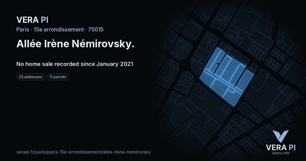 Allée Irène Némirovsky, 15e arrondissement at night – every parcel coloured by the prices around it, the street's own parcels lit