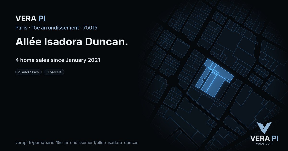 Allée Isadora Duncan, 15e arrondissement at night – every parcel coloured by the prices around it, the street's own parcels lit