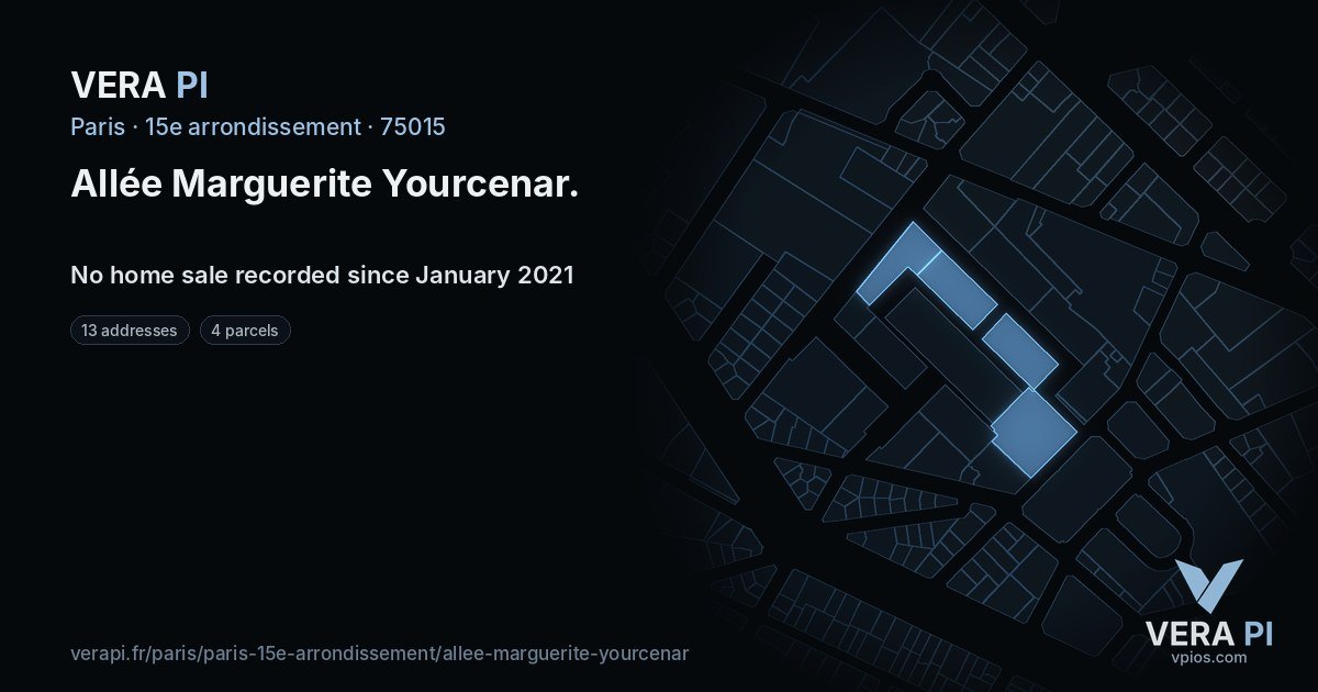 Allée Marguerite Yourcenar, 15e arrondissement at night – every parcel coloured by the prices around it, the street's own parcels lit