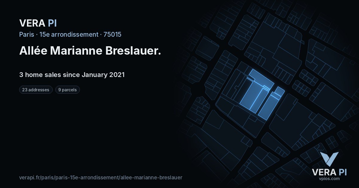 Allée Marianne Breslauer, 15e arrondissement at night – every parcel coloured by the prices around it, the street's own parcels lit