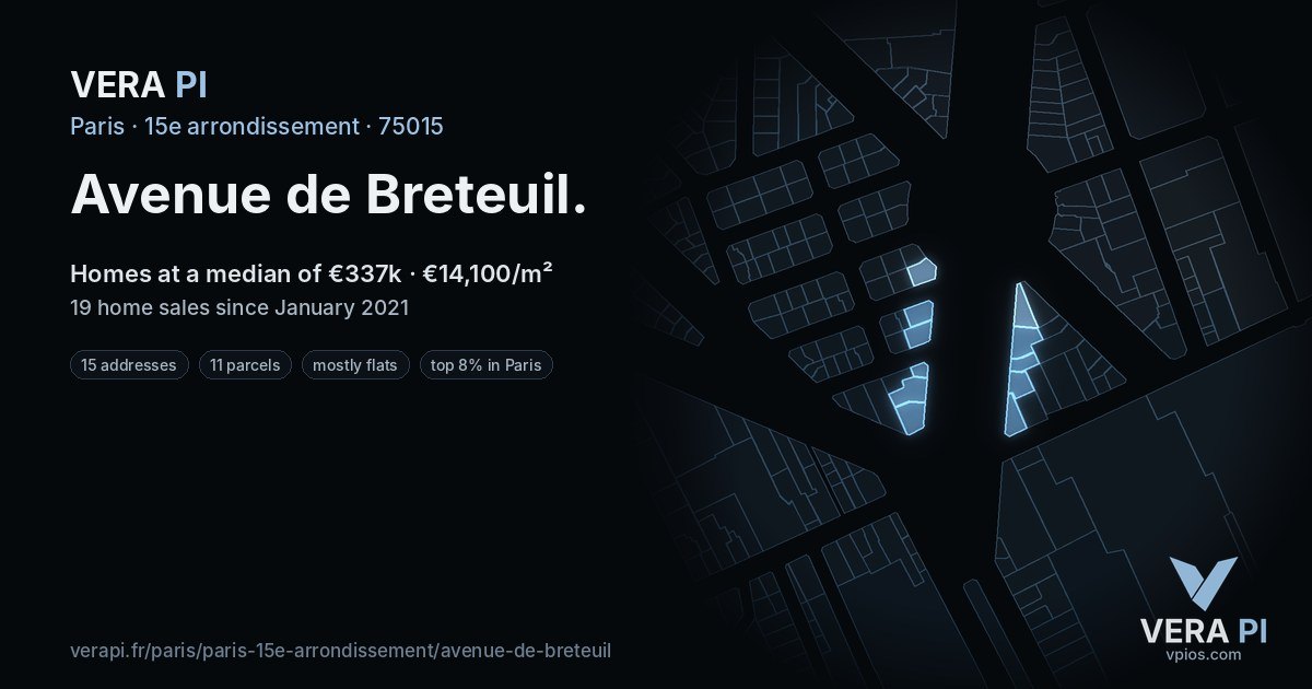 Avenue de Breteuil, 15e arrondissement at night – every parcel coloured by the prices around it, the street's own parcels lit