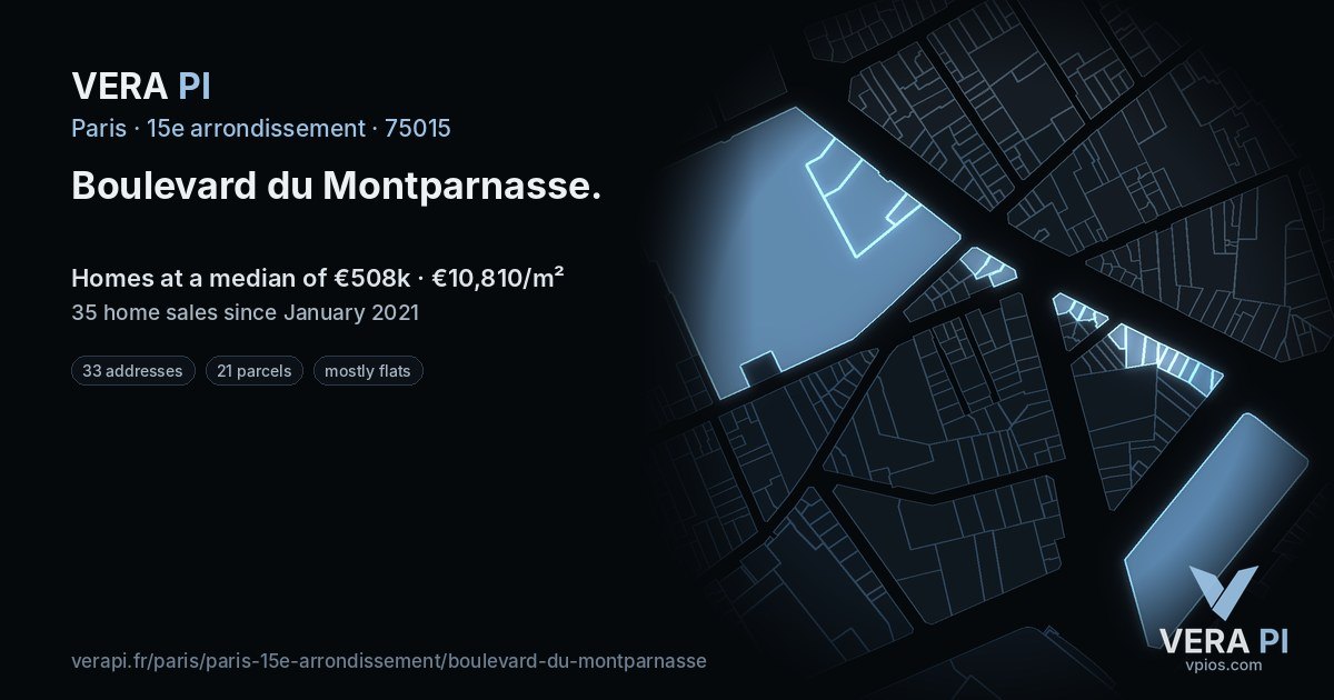 Boulevard du Montparnasse, 15e arrondissement at night – every parcel coloured by the prices around it, the street's own parcels lit