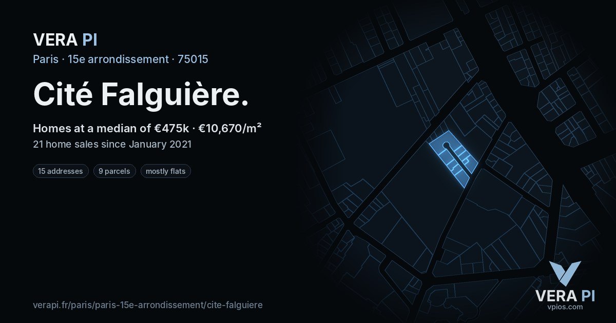 Cité Falguière, 15e arrondissement at night – every parcel coloured by the prices around it, the street's own parcels lit