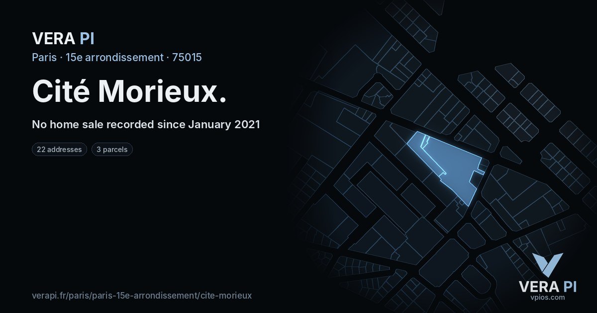 Cité Morieux, 15e arrondissement at night – every parcel coloured by the prices around it, the street's own parcels lit