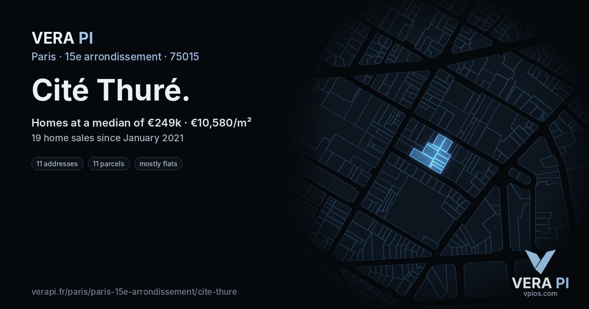 Cité Thuré, 15e arrondissement at night – every parcel coloured by the prices around it, the street's own parcels lit