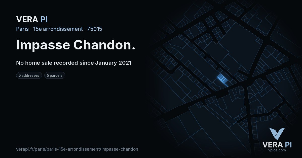 Impasse Chandon, 15e arrondissement at night – every parcel coloured by the prices around it, the street's own parcels lit