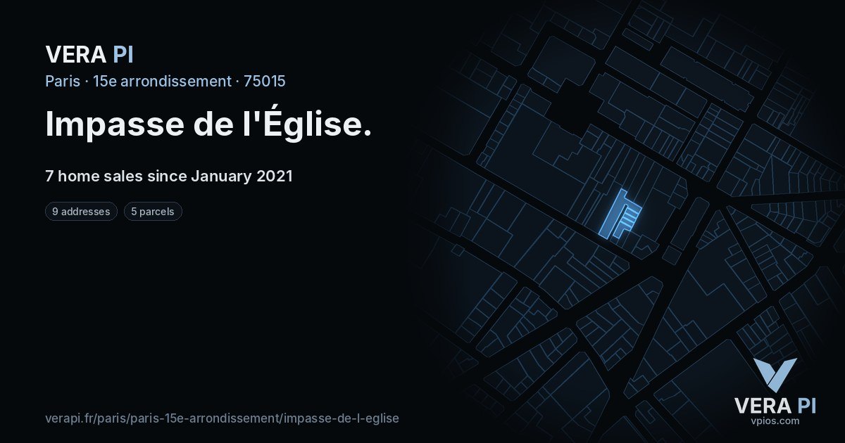 Impasse de l'Église, 15e arrondissement at night – every parcel coloured by the prices around it, the street's own parcels lit