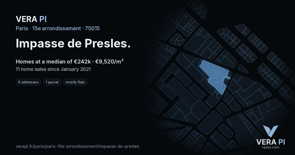 Impasse de Presles, 15e arrondissement at night – every parcel coloured by the prices around it, the street's own parcels lit
