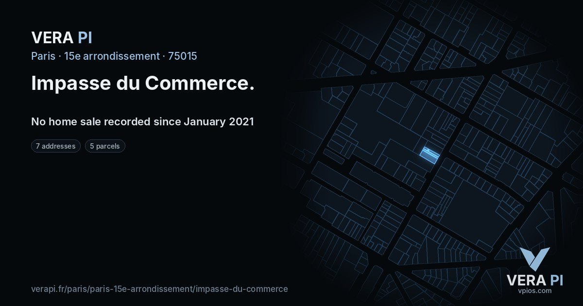 Impasse du Commerce, 15e arrondissement at night – every parcel coloured by the prices around it, the street's own parcels lit