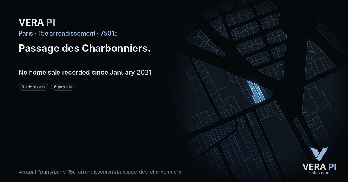 Passage des Charbonniers, 15e arrondissement at night – every parcel coloured by the prices around it, the street's own parcels lit