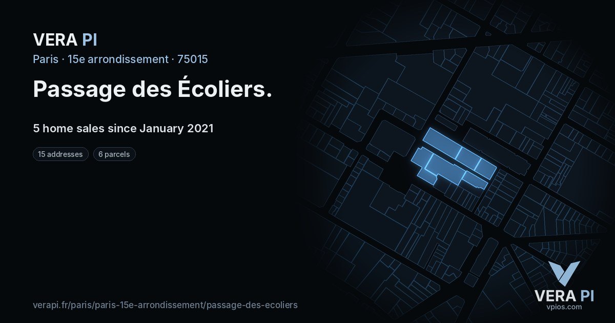 Passage des Écoliers, 15e arrondissement at night – every parcel coloured by the prices around it, the street's own parcels lit