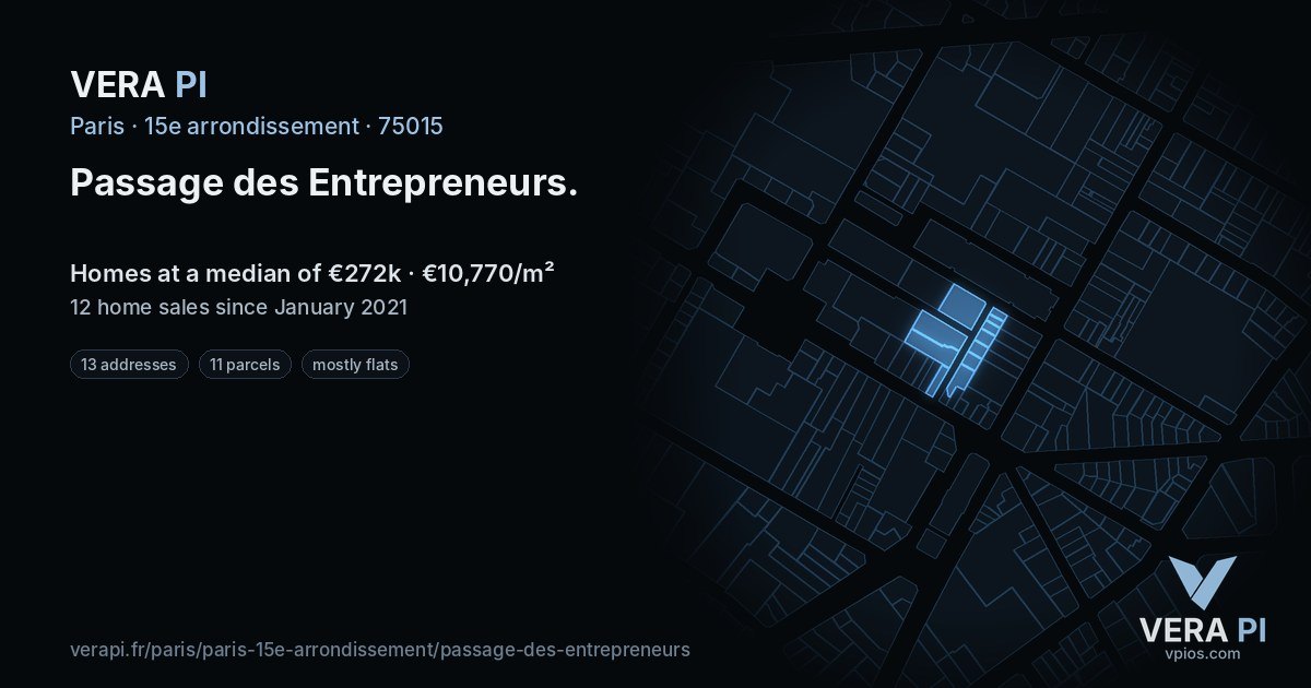 Passage des Entrepreneurs, 15e arrondissement at night – every parcel coloured by the prices around it, the street's own parcels lit