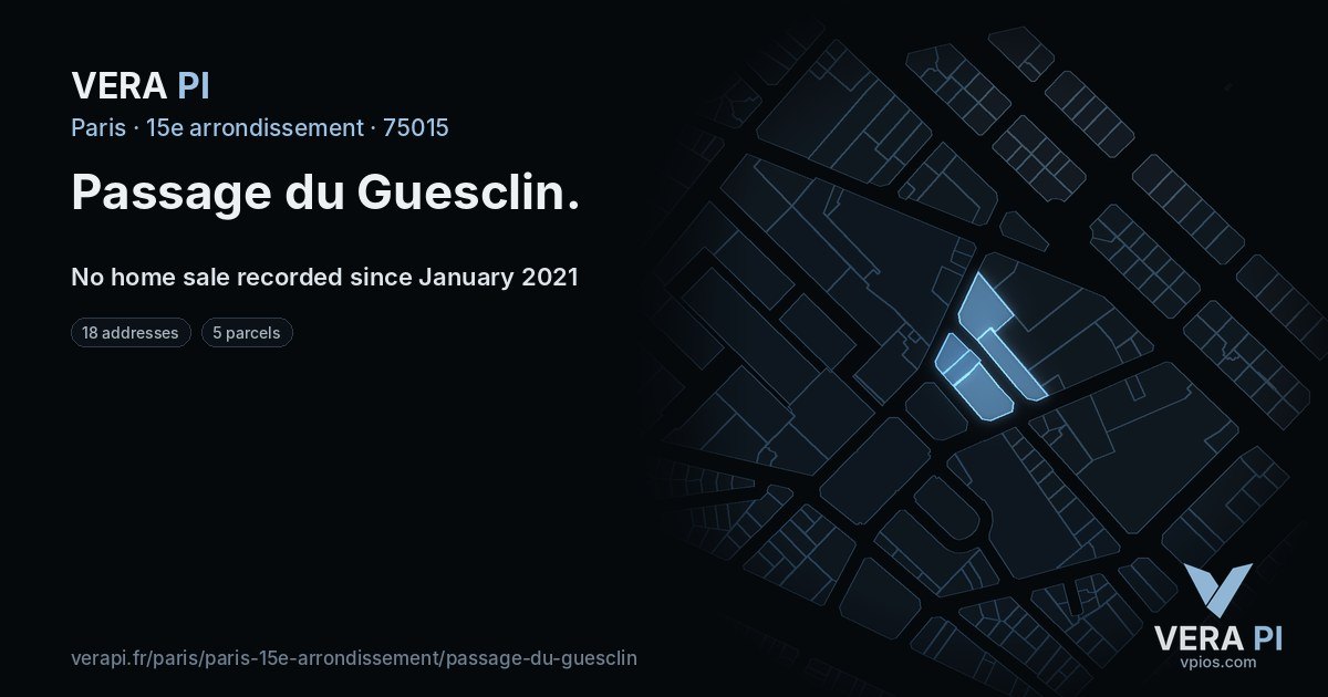 Passage du Guesclin, 15e arrondissement at night – every parcel coloured by the prices around it, the street's own parcels lit