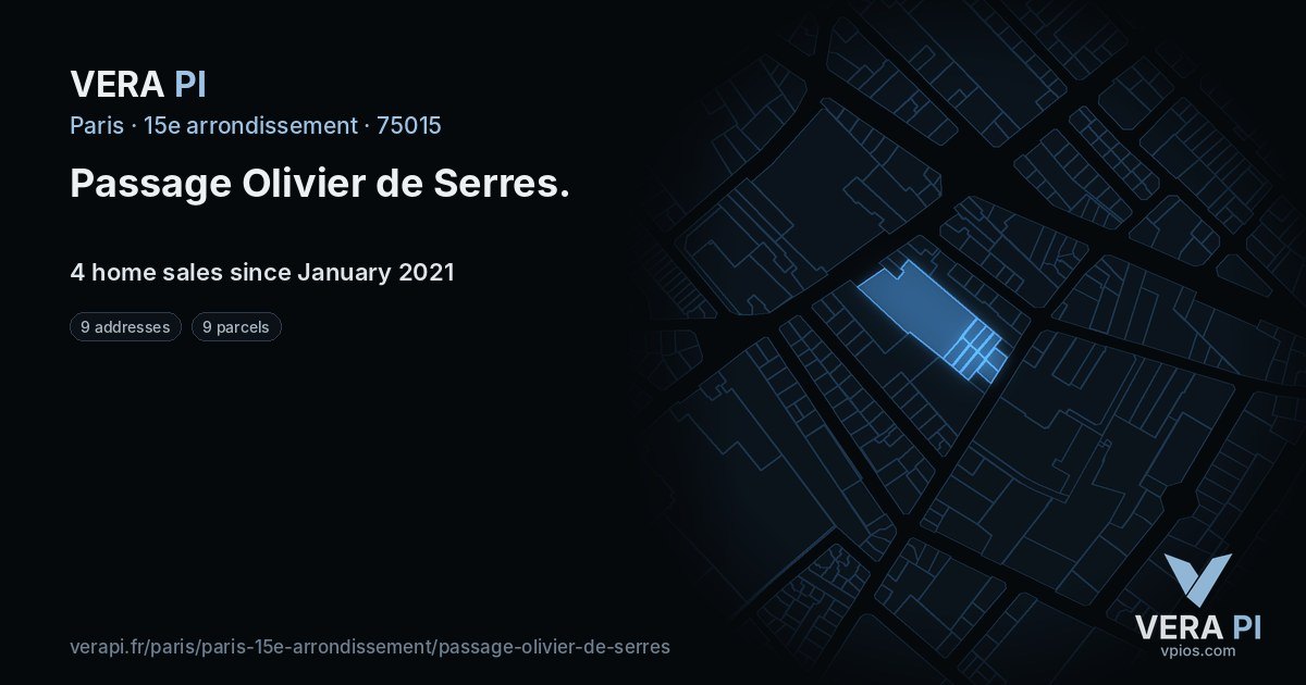 Passage Olivier de Serres, 15e arrondissement at night – every parcel coloured by the prices around it, the street's own parcels lit