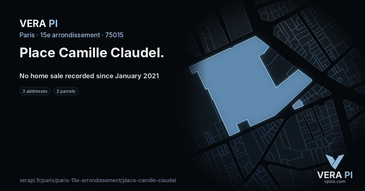 Place Camille Claudel, 15e arrondissement at night – every parcel coloured by the prices around it, the street's own parcels lit