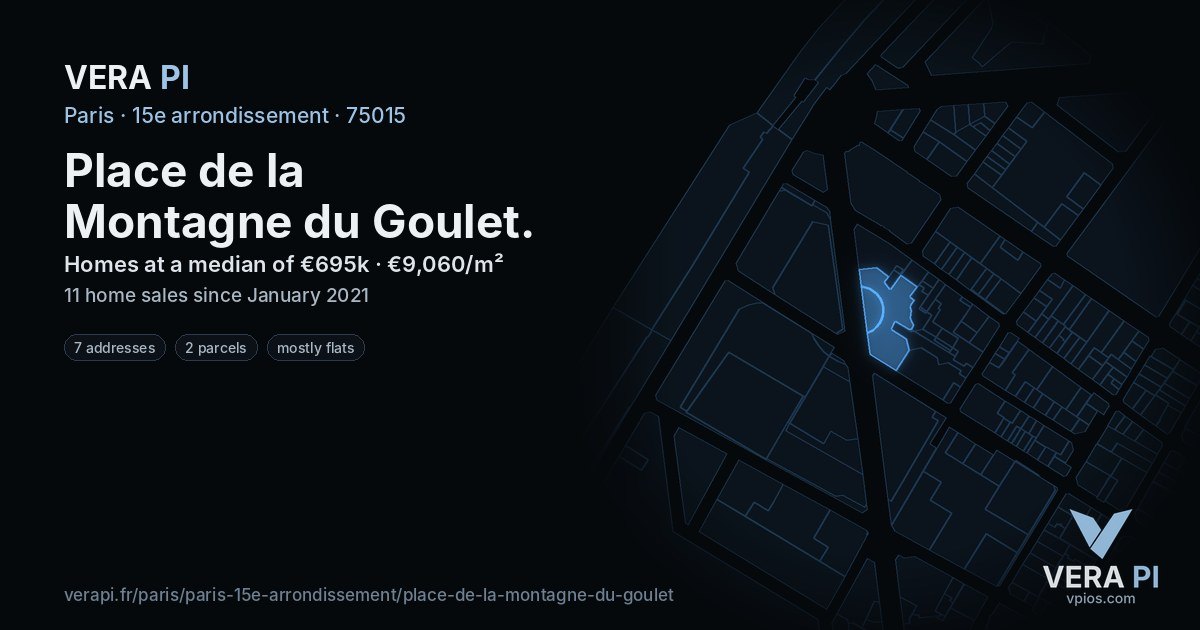 Place de la Montagne du Goulet, 15e arrondissement at night – every parcel coloured by the prices around it, the street's own parcels lit