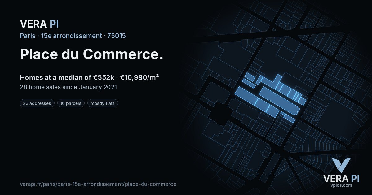 Place du Commerce, 15e arrondissement at night – every parcel coloured by the prices around it, the street's own parcels lit