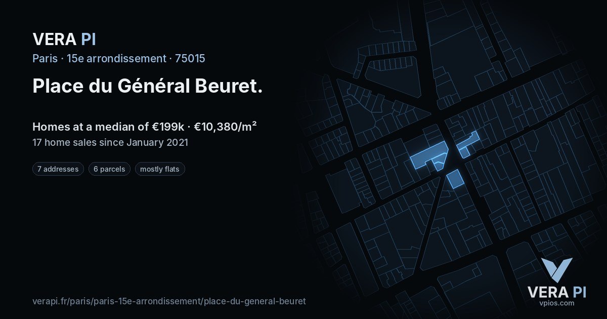 Place du Général Beuret, 15e arrondissement at night – every parcel coloured by the prices around it, the street's own parcels lit