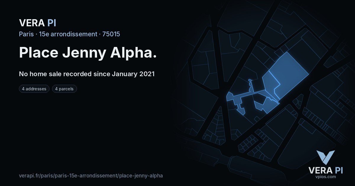 Place Jenny Alpha, 15e arrondissement at night – every parcel coloured by the prices around it, the street's own parcels lit