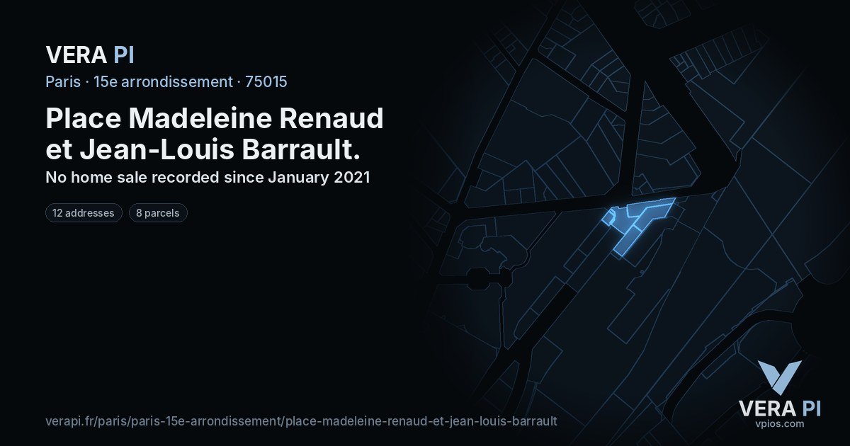Place Madeleine Renaud et Jean-Louis Barrault, 15e arrondissement at night – every parcel coloured by the prices around it, the street's own parcels lit