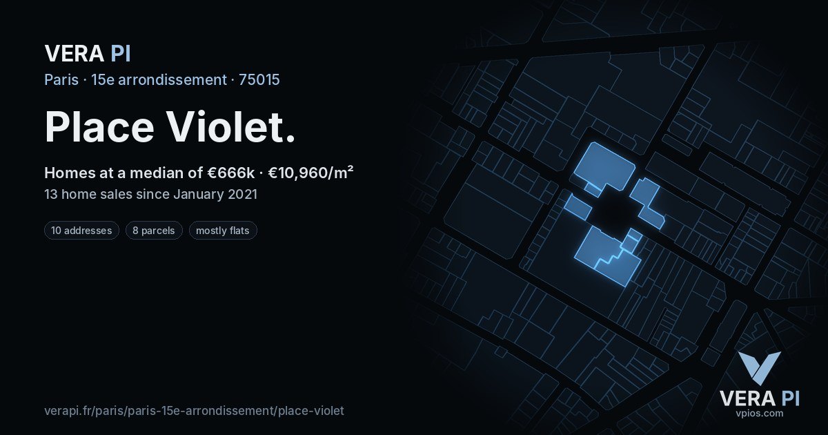 Place Violet, 15e arrondissement at night – every parcel coloured by the prices around it, the street's own parcels lit