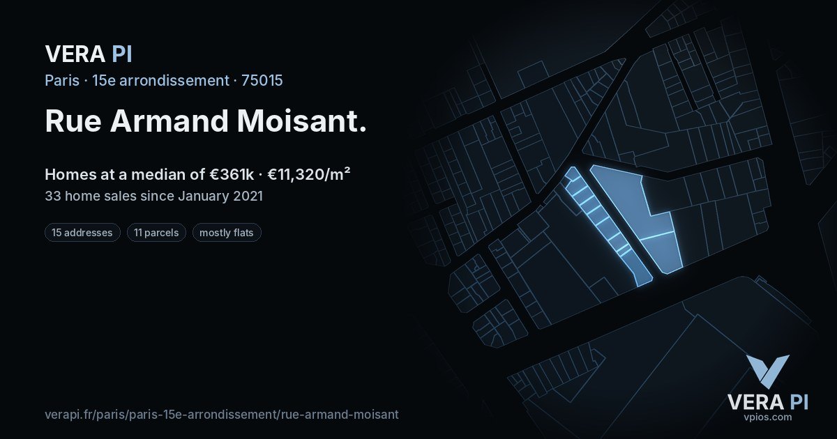 Rue Armand Moisant, 15e arrondissement at night – every parcel coloured by the prices around it, the street's own parcels lit