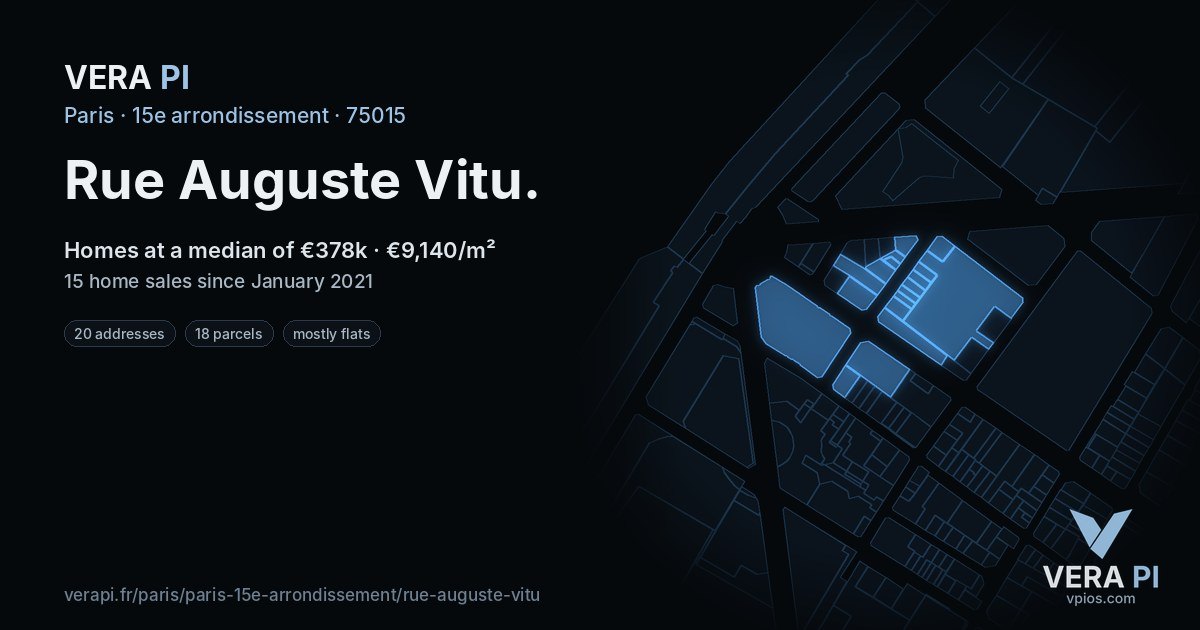 Rue Auguste Vitu, 15e arrondissement at night – every parcel coloured by the prices around it, the street's own parcels lit
