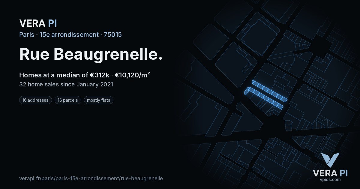 Rue Beaugrenelle, 15e arrondissement at night – every parcel coloured by the prices around it, the street's own parcels lit