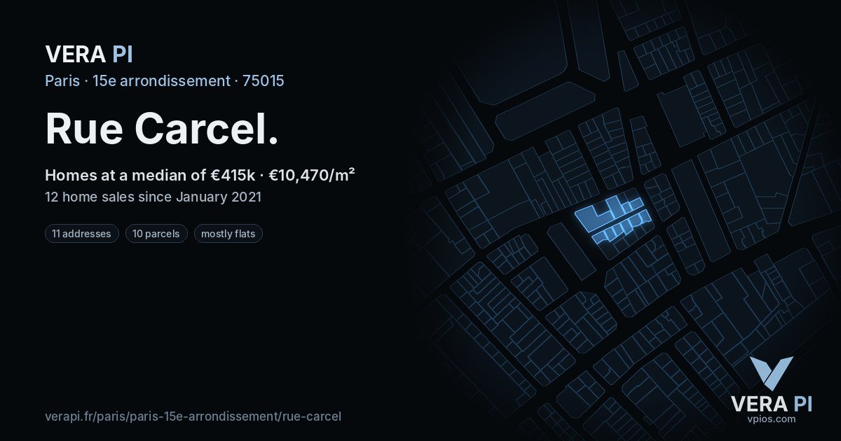 Rue Carcel, 15e arrondissement at night – every parcel coloured by the prices around it, the street's own parcels lit