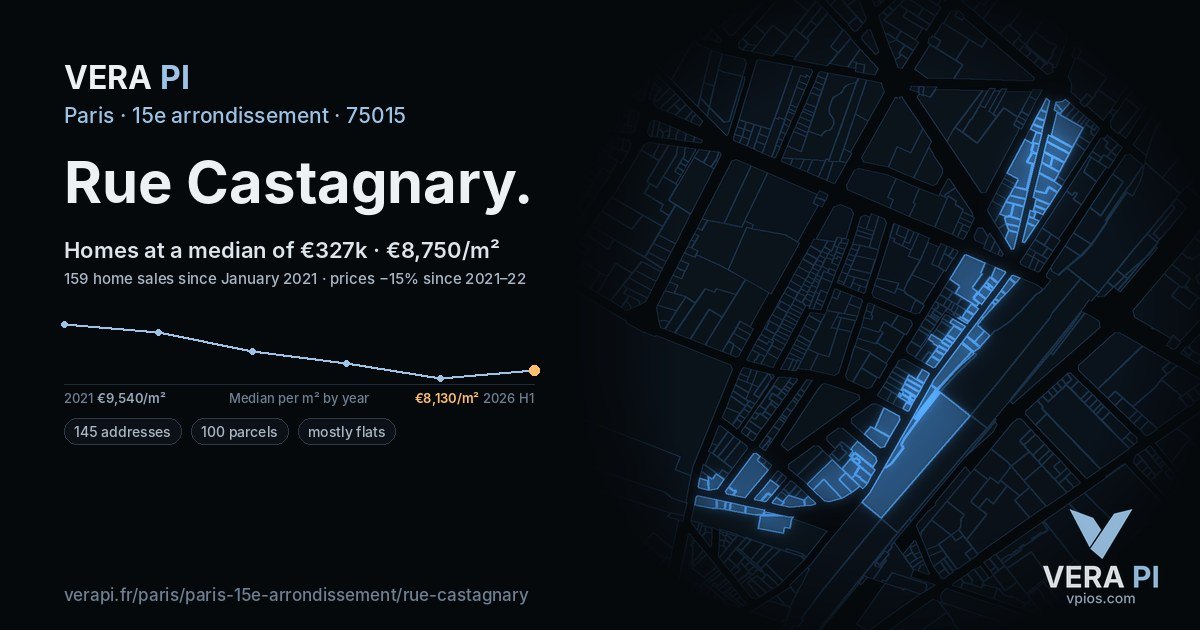 Rue Castagnary, 15e arrondissement at night – every parcel coloured by the prices around it, the street's own parcels lit