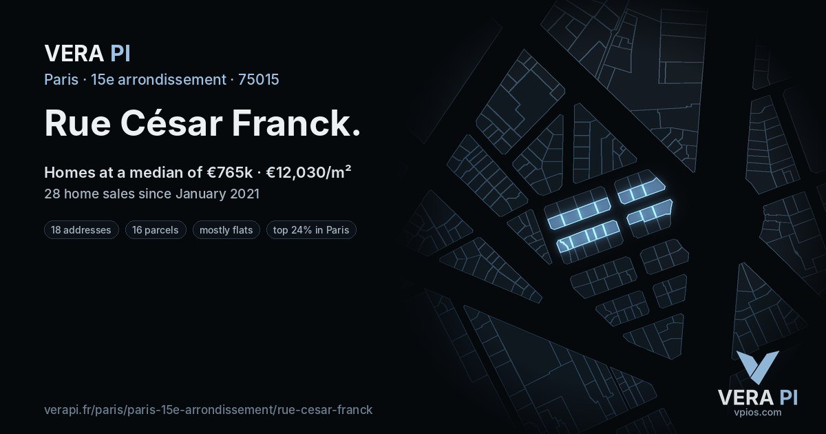 Rue César Franck, 15e arrondissement at night – every parcel coloured by the prices around it, the street's own parcels lit