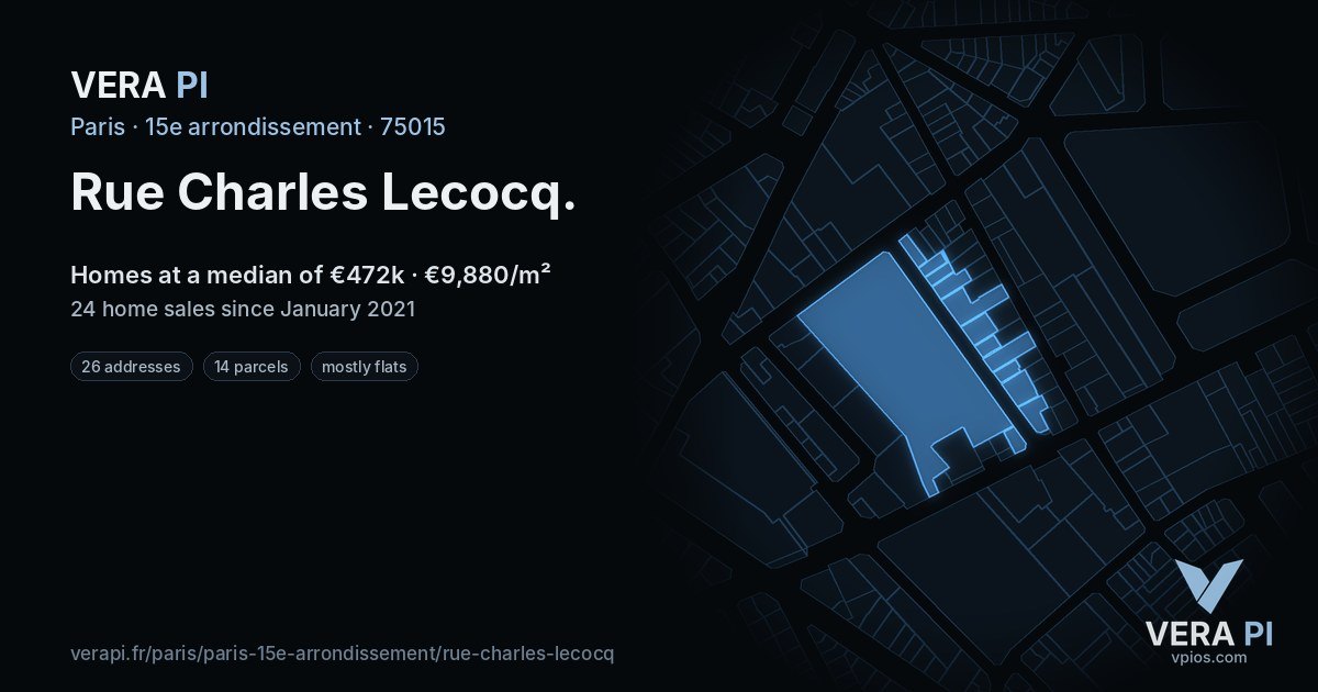 Rue Charles Lecocq, 15e arrondissement at night – every parcel coloured by the prices around it, the street's own parcels lit