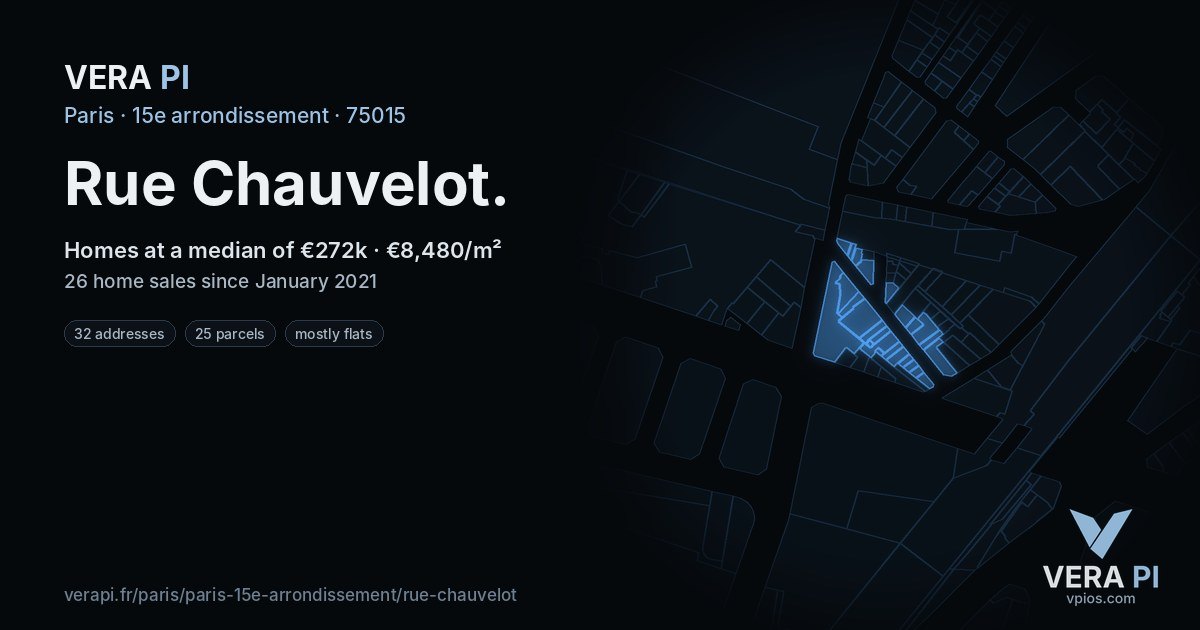 Rue Chauvelot, 15e arrondissement at night – every parcel coloured by the prices around it, the street's own parcels lit
