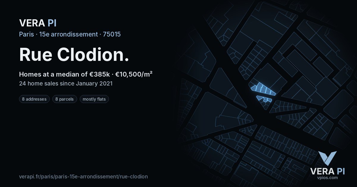 Rue Clodion, 15e arrondissement at night – every parcel coloured by the prices around it, the street's own parcels lit