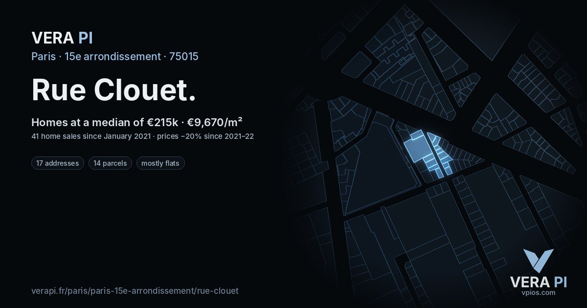 Rue Clouet, 15e arrondissement at night – every parcel coloured by the prices around it, the street's own parcels lit